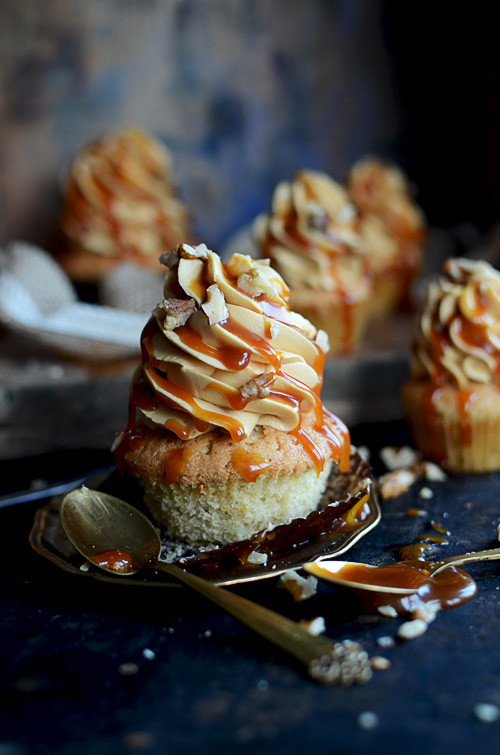 Delicious poached pear cupcakes with salted caramel Swiss meringue buttercream and salted caramel sauce drizzle