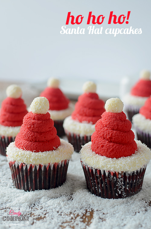 Santa Hat cupcakes. Moist chocolate cupcake with coconut filling and coconut flavored whipped cream.