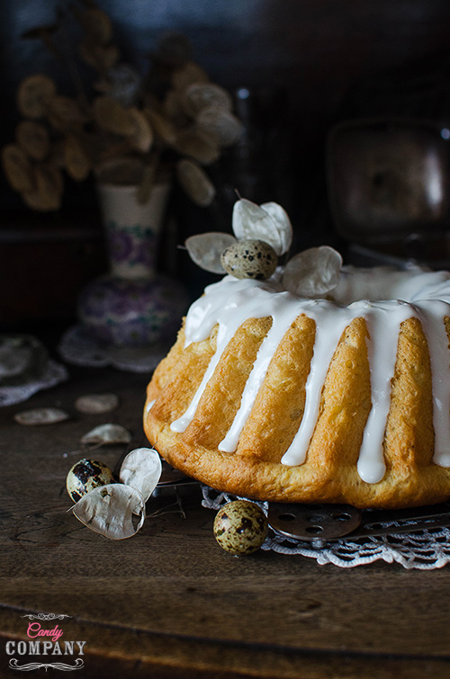 Traditional PolishEaster babak - yeast bundt cake with raisins and lemon glaze