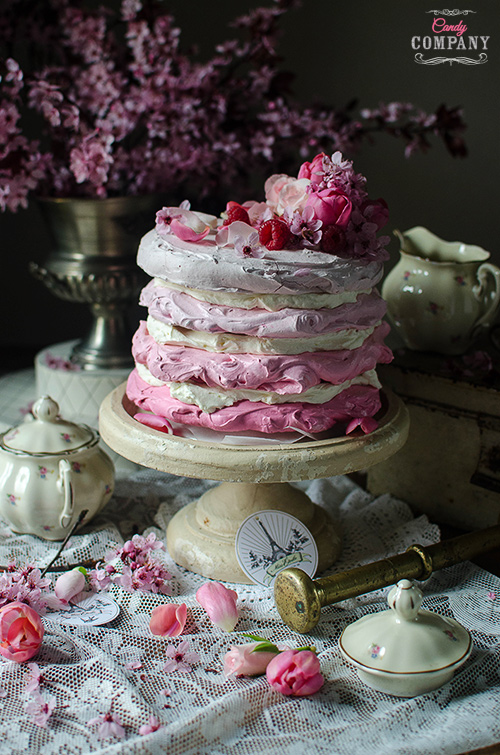 Raspberry ombre meringue cake with raspberries and mascarpone frosting