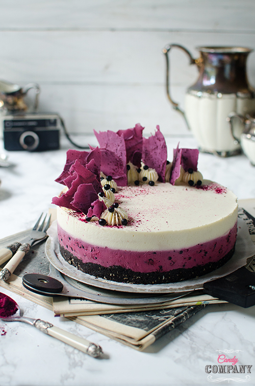 Delicious and easy recipe for no bake elderberry coconut mousse cake on oreo crust and chocolate shatds deocration. Food photography by Candy Company