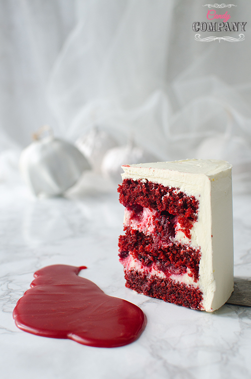 Hallowen Murder cake. Recipe for the best red velvet cake with sour cherries. Food photography by Candy company