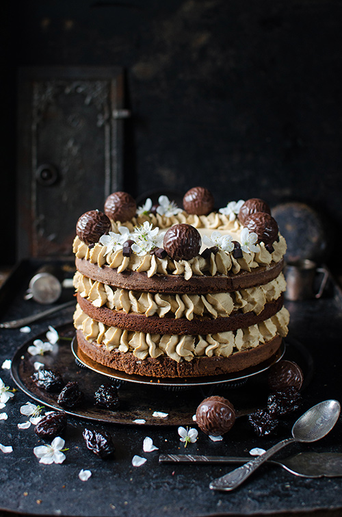 Delicious recipe for brownie coffee layer cake with dried prunes. Food photography by Candy Company