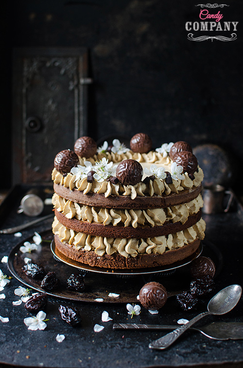 Delicious recipe for brownie coffee layer cake with dried prunes. Food photography by Candy Company