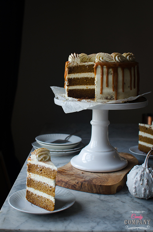 Best ever pumpkin layer cake recipe with spiced salted caramel! Food photography by Candy Company