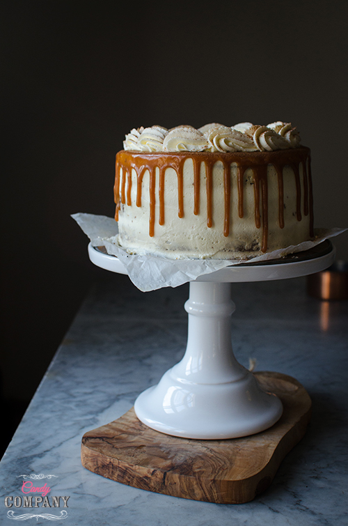 Best ever pumpkin layer cake recipe with spiced salted caramel! Food photography by Candy Company