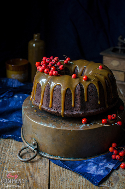 Rowanberry chocolate bundt cake with caramel sauce recipe. Food photography by Candy Company