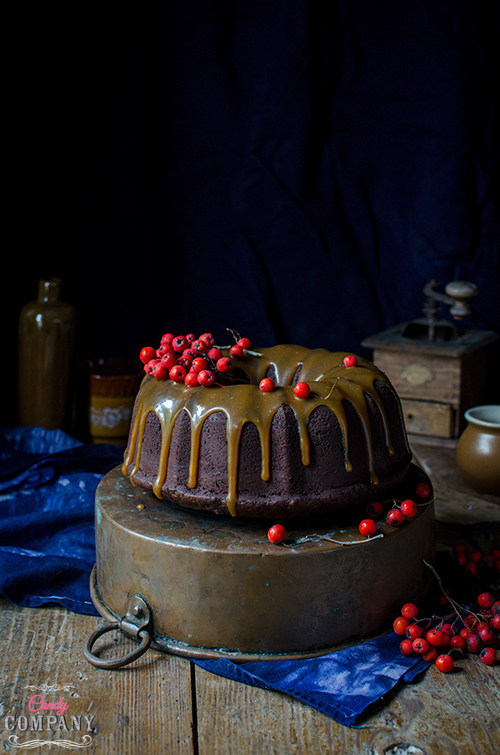 Rowanberry chocolate bundt cake with caramel sauce recipe. Food photography by Candy Company