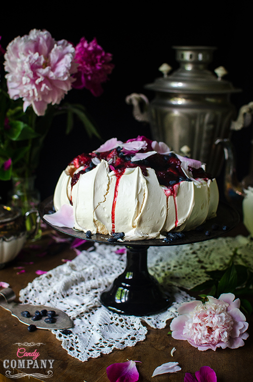 haskap and rhubarb pavlova recipe. Food photography by Candy Company