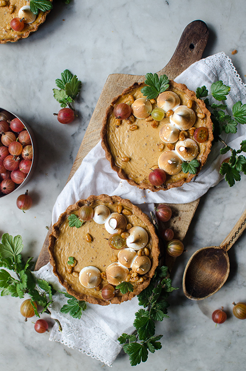 gooseberry tart with toasted meringue and caramelized pine nuts recipe . Food photography by Candy Company