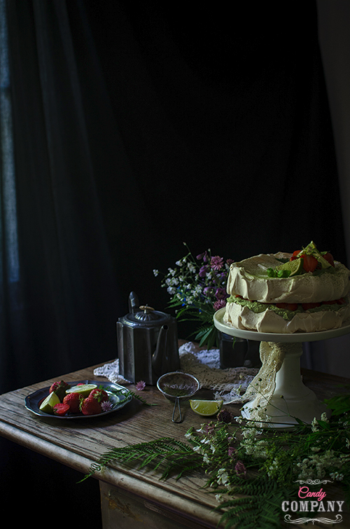 lime & basil strawberry meringue cake recipe.Food photography by Candy Company