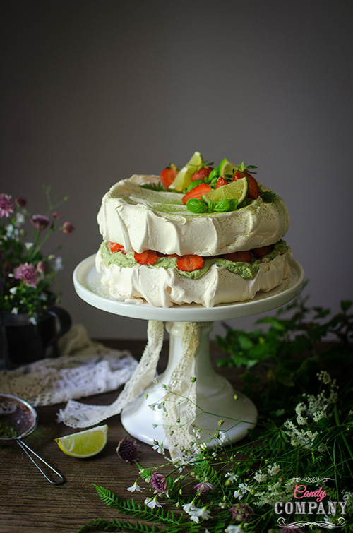 lime & basil strawberry meringue cake recipe.Food photography by Candy Company