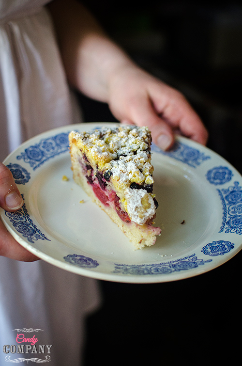 Cherry brioche with streusel topping recipe. Photography by Candy Company