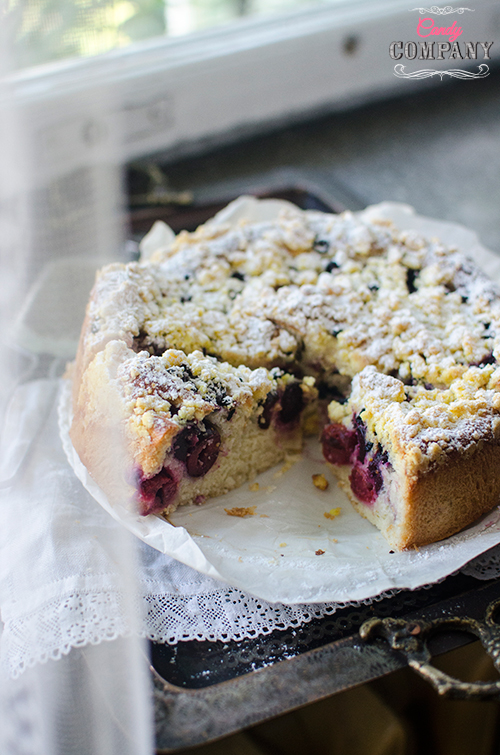 Cherry brioche with streusel topping recipe. Photography by Candy Company