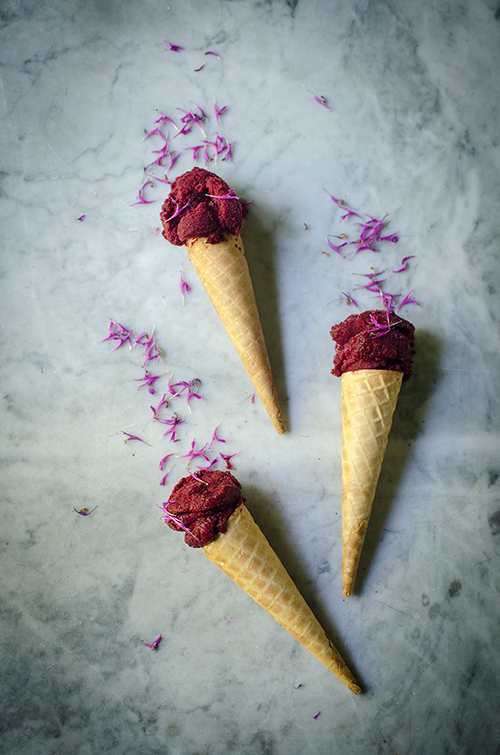 Bee balm and cherry sorbet recipe. Food photography by Candy Comapny