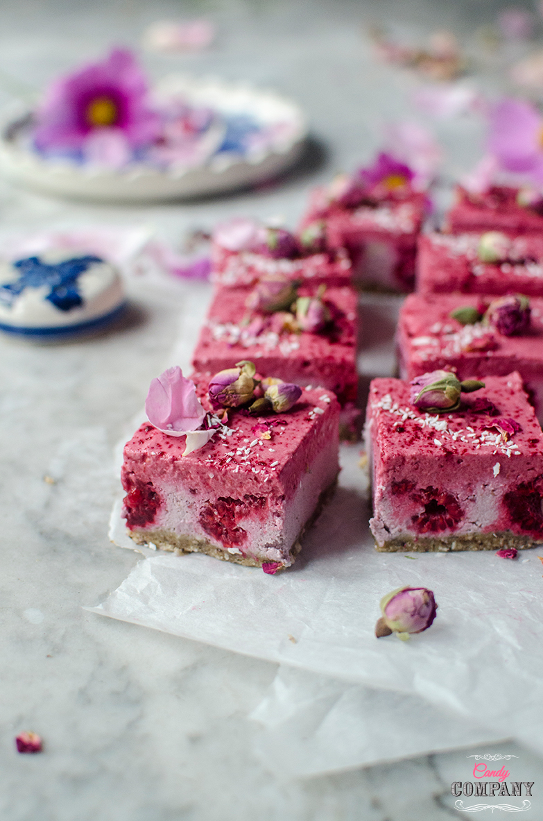 Raw coconut raspberry cheesecake with birch sap recipe Food photography by Candy Company