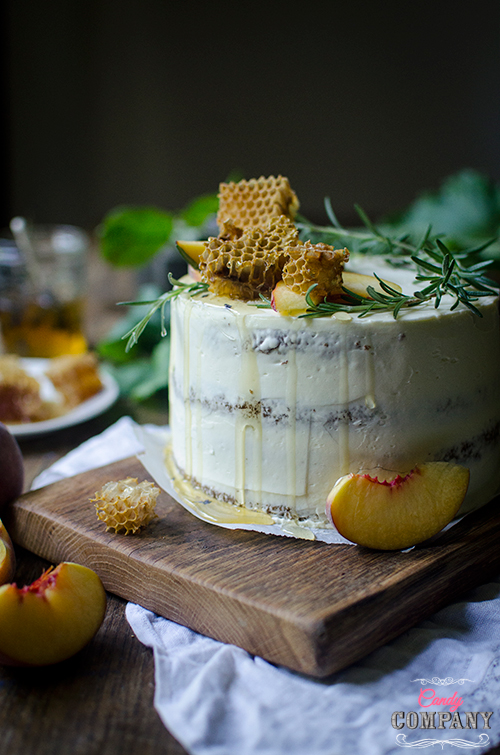 Moist carrot cake recipe with cream cheese frosting and rosemary peach jam. Food photography by Candy Company