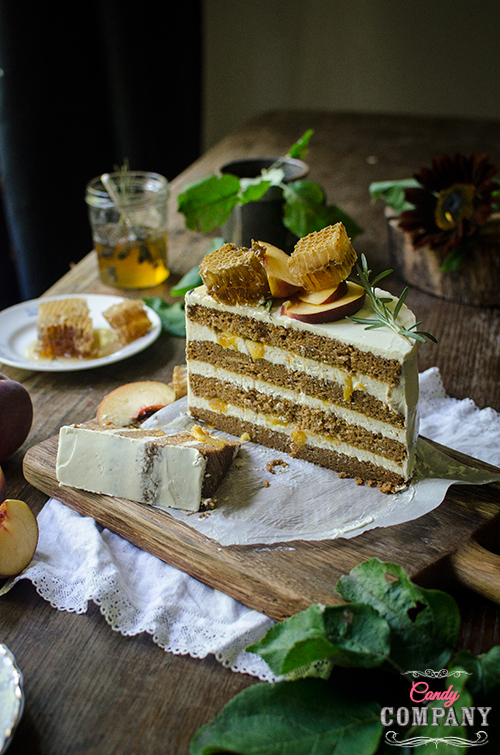 Moist carrot cake recipe with cream cheese frosting and rosemary peach jam. Food photography by Candy Company