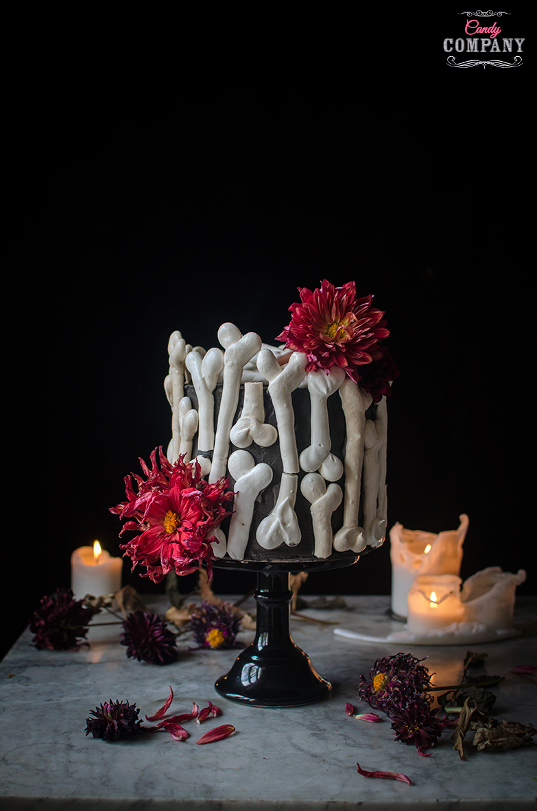 Meringue bone Halloween cake. Chestnut mousse and raspberry and rose petal jam mousse cake. Food photography by Candy Company