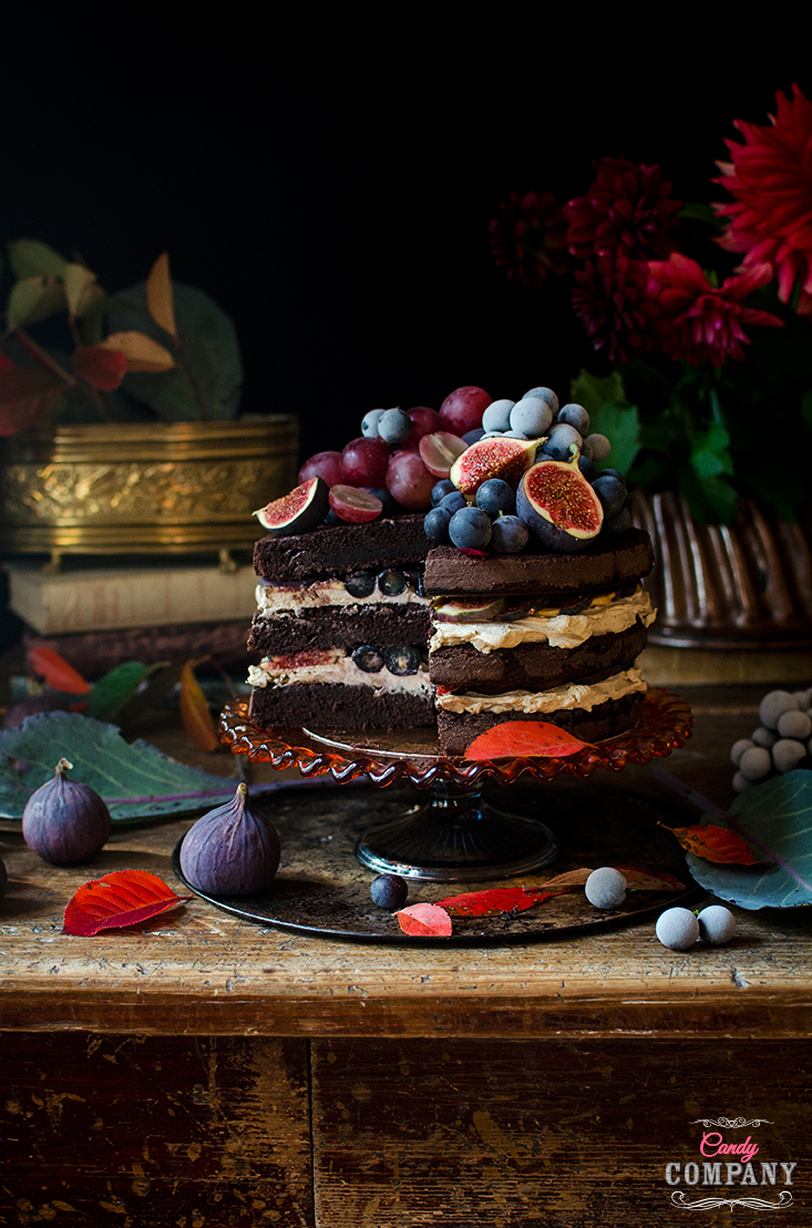 Leftover red wine layer cake recipe with fig and grapes. Food photography still life by Candy Company